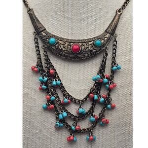 Red Turquoise Crescent Necklace Moroccan Bazaar Mediterranean Luxe Multistrand